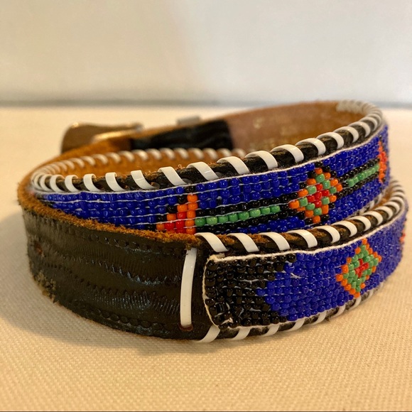 Vintage Leather Multicolor Beaded Belt, Sz M - Picture 2 of 12